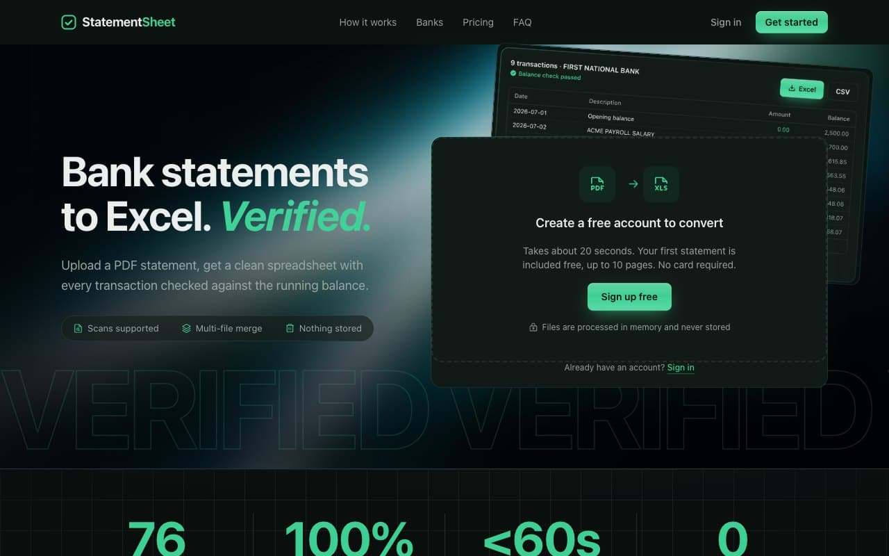 StatementSheet — Bank statements into verified Excel and CSV.
